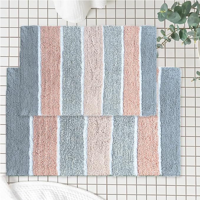 Chardin home Cordural Stripes Bath Mat, Set of 2 Bath Rugs (17 Inches x24 Inches & 21 Inches x34 Inches) | Non Slip Bathroom Rug, Machine Washable, Plush, Highly Absorbent | Grey & Peach/Blush - color: Blush & Grey