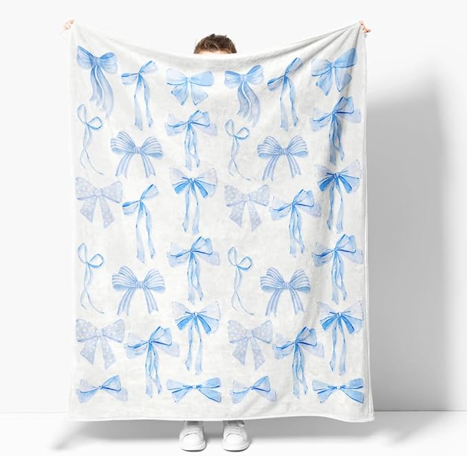 Blue Bows Blankets Preppy Coquette Room Decor Electric Blanket Girls Bedroom Decor Trendy Bow Throw Blanket Coquette Girly Blanket Gifts for Women Teens Soft Flannel Lightweight 50"x60"