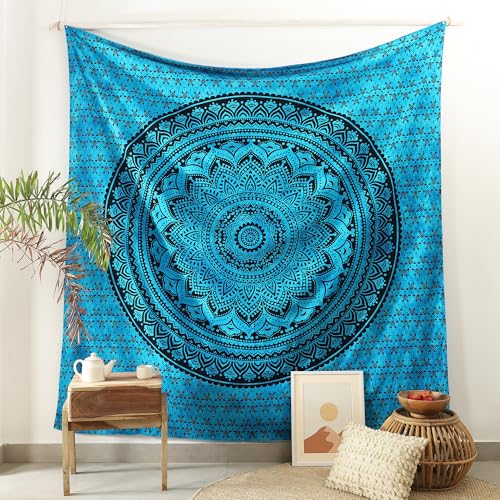 Popular Handicrafts Queen Mandala Hippie Hippy Tie Dye Psychedelic Ombre Tapestry Wall Hanging - Indian Maditation Gypsy Bohemian Dorm Room Decor Tarqouise 81x88 Inch - color: Tarquoise Black, size: 88L" x 81W"