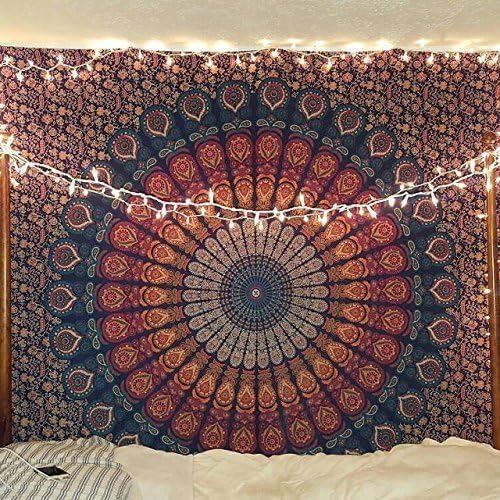 Bless International Handmade Indian hippie Bohemian Psychedelic Peacock Mandala Wall hanging College Dorm Beach Throws Table Cloth Bedding Tapestry (Golden Blue, Medium(54x60Inches)(137x152cms)) - color: Golden Blue, size: 60"L x 54"W