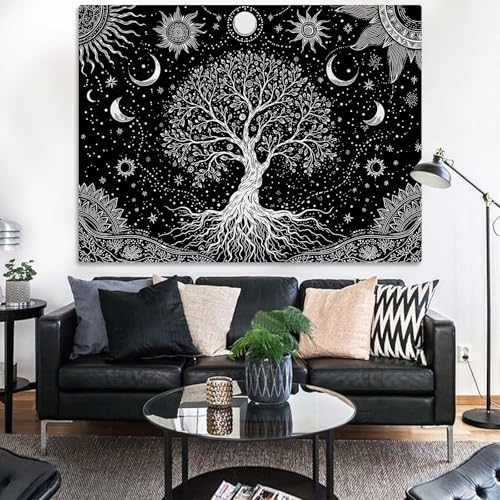 Spenlife Spiritual Tree of Life Tapestry, Black and White Tapestries for Bedroom, Gothic Wall Decor, Celestial Tapestries (60" x 44") - color: Black White, size: 60"L x 44"W