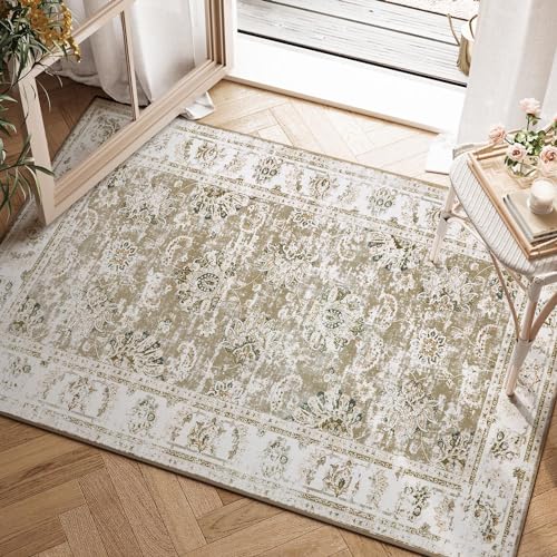 jinchan Fiora Floral 2x3 Rugs for Entryway - Vintage Washable Small Non-Slip Distressed Indoor Doormat Ultra-Thin Low-Pile Accent Rug for Entrance Kitchen Bedroom Bathroom (2x3ft, Taupe) - color: Distressed Taupe, size: 2' x 3' (Light Weight)