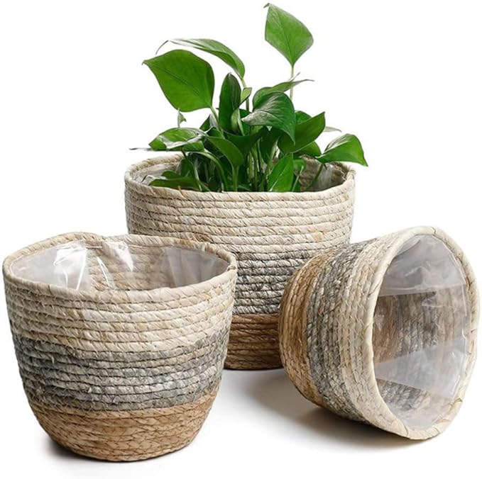 Operitacx Handmade Sea Grass Plant Basket 2 Pack Decorative Flower Holder Baskets for Home