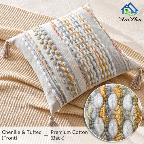 AmHoo Chenille Striped Textured Boho Throw Pillow Covers Aesthetic with Tassels Woven Decorative Pillow Case for Couch Bed Sofa Bedroom Modern Funky 18 x 18-Inch Grey - color: Grey, size: 18" x 18" (Pack of 1)