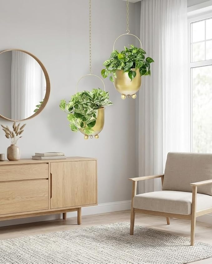 AceList Boho Hanging Planter,6.3 inch Set of 2 Gold Metal Plant Hanger with Hooks and Chains, Modern Wall & Ceiling Planters Outdoor/Indoor Hanging Planter for Window, Porch, Balcony and Home Décor