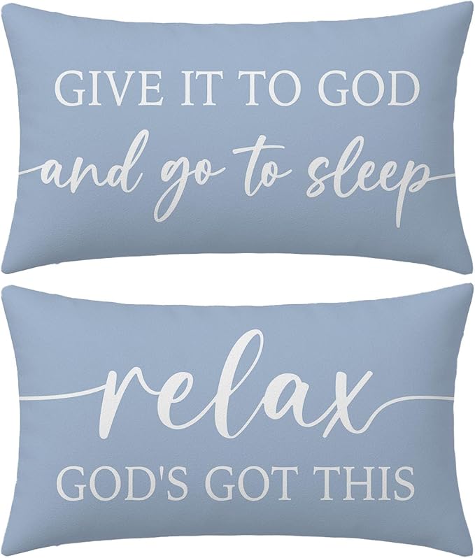 Dusty Blue Decorative Pillow Covers 12x20 Inch Set of 2 – Christian Gifts for Her – Relax God’s Got This/Give It to God and Go to Sleep – Faith Bedroom Lumbar Decor