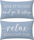 Dusty Blue Decorative Pillow Covers 12x20 Inch Set of 2 – Christian Gifts for Her – Relax God’s Got This/Give It to God and Go to Sleep – Faith Bedroom Lumbar Decor
