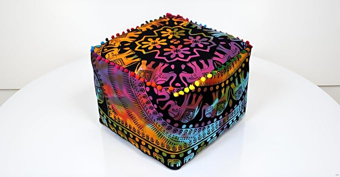 CRAFT KALA Square Mandala Floor Pillow Cushion Cover Seating Throw Cover Hippie Decorative Bohemian Ottoman Poufs Cover Pillow Cases Cotton Living Room Home Décor 22X22X14 inch, Multi U.p Elephant
