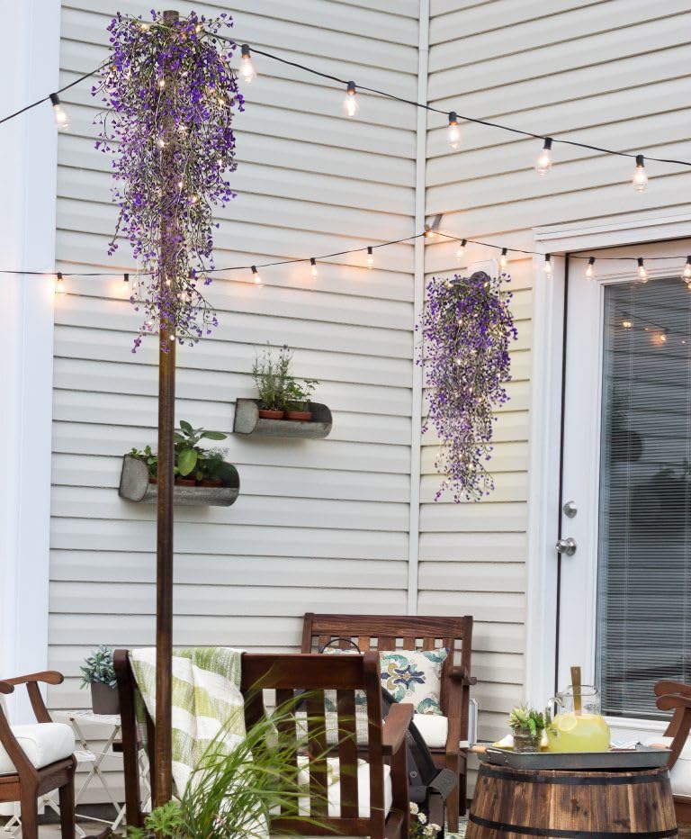 RECUTMS Artificial Hanging Plant 4 Pack Fake Fern with LED Lights Ivy Vines 2.5ft Faux Hanging Greenery Vine for Home Garden Wall Office Wedding Party Decoration (Purple) - color: Purple-light