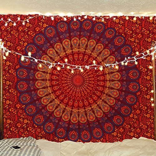 Bless International Indian hippie Bohemian Psychedelic Golden Blue Peacock Mandala Wall hanging Bedding Tapestry (Golden Brown Maroon, Medium (54x60Inches)(137x152cms)) - color: Golden Brown Maroon, size: 60"L x 54"W