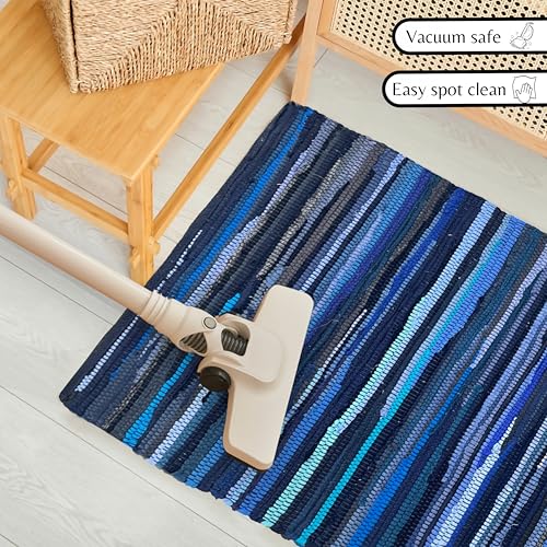 Cotton Hand Woven Chindi Rug 2x3 Feet - Navy, Durable Rectangular Small Doorway Space Rag Rugs Ideal for Entryway, Kitchen, Bedroom, Balcony | Blue Accent Reversible Floor Throw Carpet for Office - color: Navy, size: 2 x 3 feet