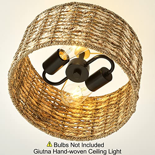 13"Rattan Ceiling Light Fixture Flush Mount, 2-Light Boho Rattan Hand-Woven Ceiling Light Fixtures Drum Wicker Chandelier Light Fixture for Dining Room Bedroom Living Room Hallway Foyer Kitchen - color: 13”Brown