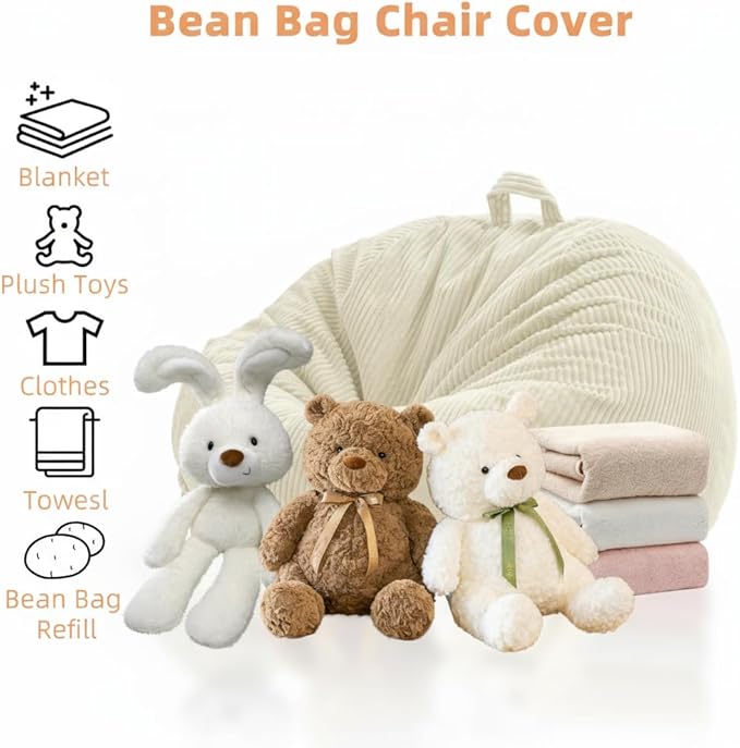 Stuffed Animal Storage Bean Bag Chair Cover (No Filler), Large Toy Storage Organizer & Comfy Kids Sofa Chair for Playroom, Teens Adults Toddler,Corduroy (White, Cover Only)