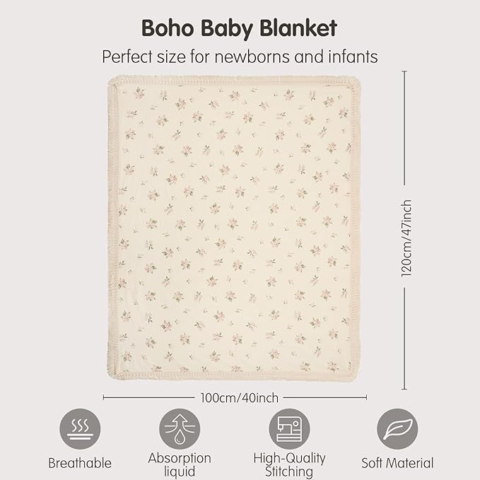 insular Cotton Muslin Baby Blanket with Tassel, Boho Bohemian Muslin Swaddle Blanket Baby Receiving Blanket with Fringe, Nursery Decor Throw or Nursing Blankets, 47" x40”, Pink Rose