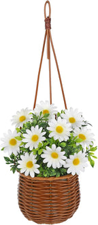 Artificial Daisy Flowers with Hanging Woven Basket, Faux Chrysanthemums in Fake Rattan Planter with Rope, Realistic Floral Arrangement for Home Porch Patio Balcony Indoor Outdoor Summer Decor, White