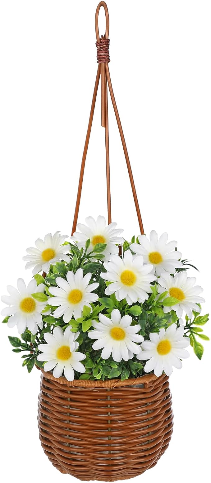 Artificial Daisy Flowers with Hanging Woven Basket, Faux Chrysanthemums in Fake Rattan Planter with Rope, Realistic Floral Arrangement for Home Porch Patio Balcony Indoor Outdoor Summer Decor, White
