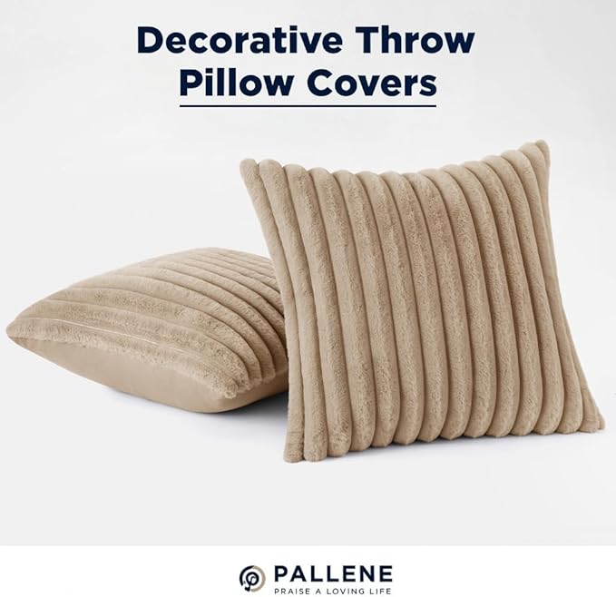 Pallene Faux Fur Plush Throw Pillow Covers 18x18 Set of 2, Luxury Soft Fluffy Striped Decorative Pillow Covers for Sofa, Couch, Living Room, Khaki