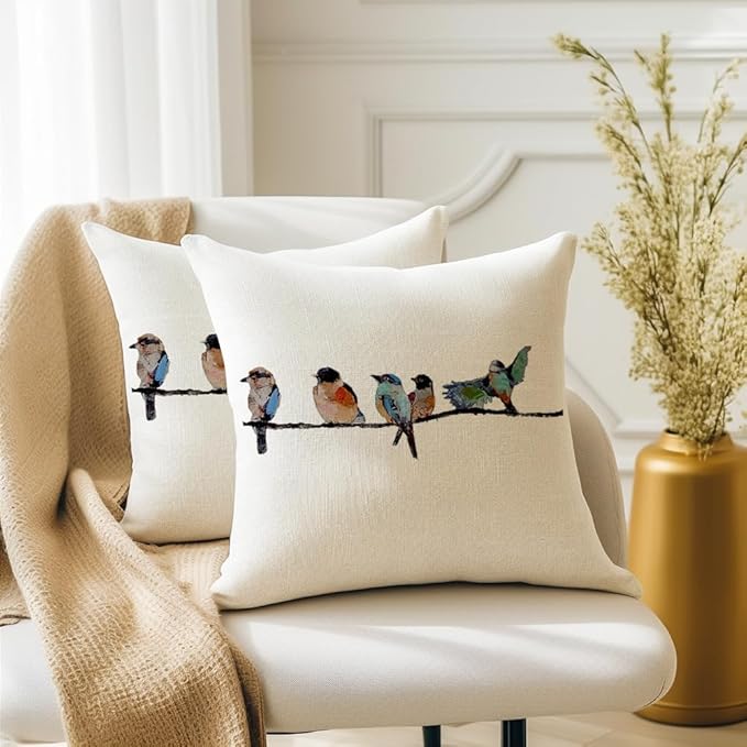 RABUSOA Birds Pillow Covers 16x16 Inch,Lumbar Decorative Throw Pillows,Spring Summer Hand-Painted Outdoor Pillowcases Cushion Covers for Couch