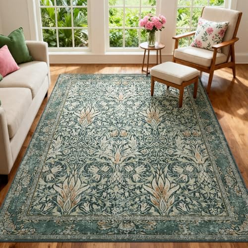 Vintage Floral 5x7 Area Rug,Soft Non-Slip Machine Washable Rug for Living Room Bedroom,Stain Resistant Carpets for Dining Room Farmhouse Nursery Home Office - color: Darkgreen, size: 5' x 7' (Rectangular)