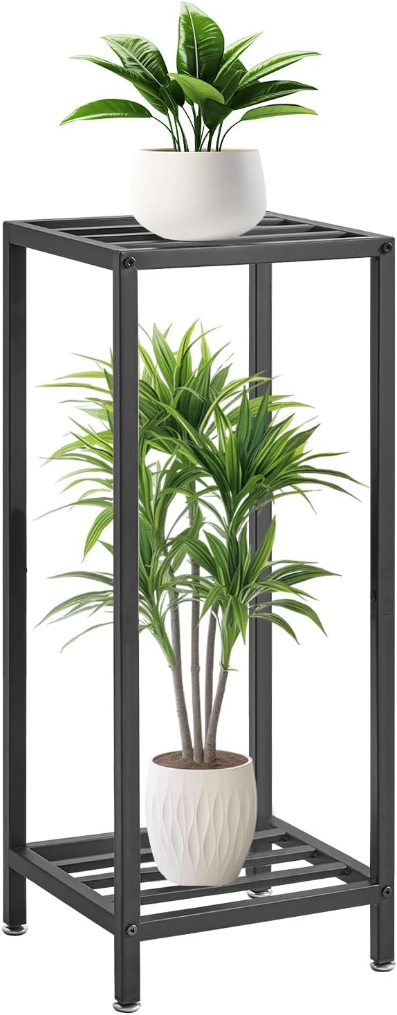 IBUYKE 30 Inch Tall Plant Stand Indoor, 2 Tier Metal Corner Plant Stand, Modern Square Plant Shelf Flower Stand for Living Room Patio Balcony Garden, Black TMJ070B