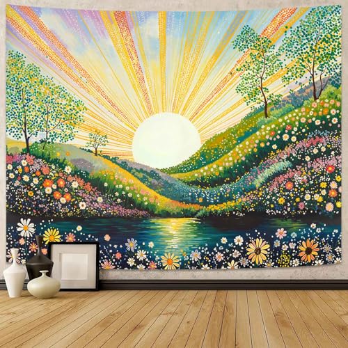 Lunerfex Soothing Spring Meadow Tapestry - Sunburst Landscape Wall Hanging with Colorful Flowers and Lake - Cheerful Nature Decor 80"x60" - color: Bright Green, size: 80"L x 60"W