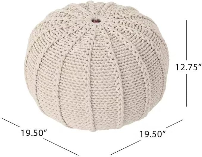 Knitted Pouf Ottoman - 19.5" Round Cotton Footrest - Beige - Cozy Seat & Home Decor - Versatile Storage Ottoman