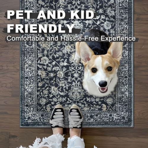 KILOCOCO Hallway Runner 2x5 Rug Runner Printed Vintage Floral Washable Kitchen Runners Non-slip Rubber Backed Runners for Hallways Laundry Room Distressed Boho Rugs for Entryway Bedroom, Navy/Charcoal - color: Charcoal/Navy, size: 2' x 5' (Runner)