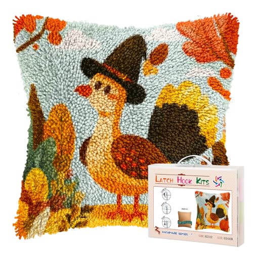 Latch Hook Pillow Kits for Adults Thanksgiving Day Turkey and Pumpkin DIY Pillow Cover Printed Pillowcase Crochet Hooking Yarns Handmade Cushion for Home Sofa Decoration 17x17inch(1) - color: 04-Turkey