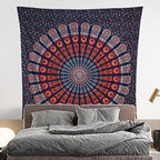 Bless International Handmade Indian hippie Bohemian Psychedelic Peacock Mandala Wall hanging College Dorm Beach Throws Table Cloth Bedding Tapestry (Golden Blue White, Queen(84x90Inches)(215x230Cms)) - color: Golden Blue White, size: 90"L x 84"W