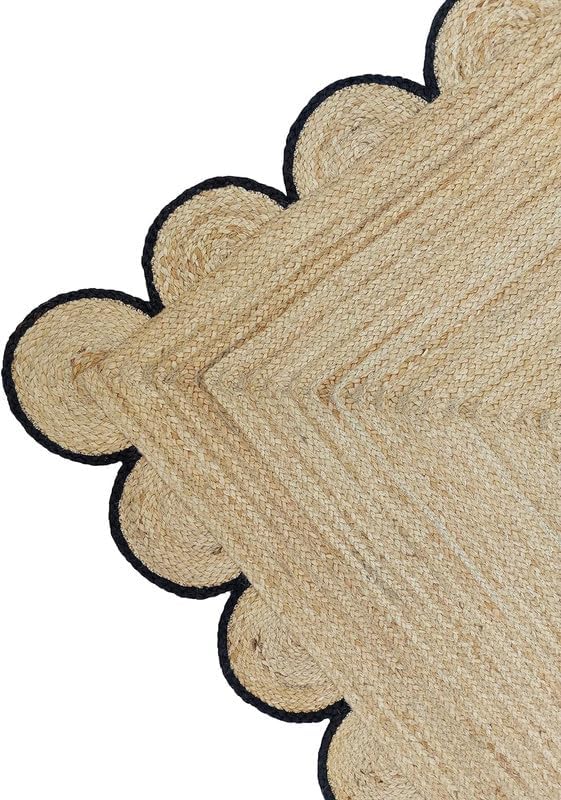 Weaving Cottage Scalloped Natural Jute Area Rug | Beige & Black, 2X3 FT Handwoven Jute Doormat | Eco-Friendly, Durable, and Stylish | Perfect for Living Room, Bedroom, and Entryway