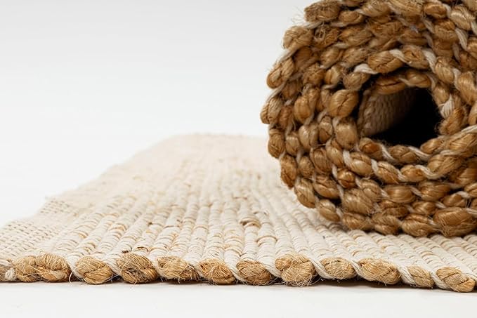 Jute Cotton Hand Woven Natural Farmhouse Area Rug for Living Room Bedroom Kitchen Hallway Entryway- Rustic Vintage Bohemian Decor - (2' x 6' Cotton Jute)