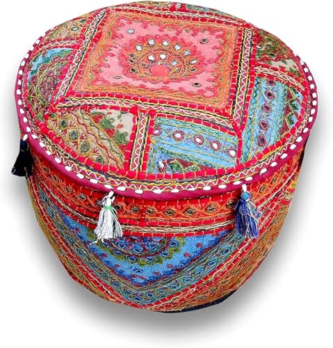 Indian Pouf Footstool Ethnic Embroidered Pouf Cover, India Cotton Round Pouffe Ottoman Pouf Cover Pillow Ethnic Decor Art-Cover Only-Indian Ottoman poufs - color: Alteration-mirror, size: 18"D x 18"W x 14"H