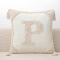 Monogram Pillow Covers with Tassels 18”x18” Modern Cotton Canvas Tufted Alphabet P Throw Pillow Covers for Sofa Couch Bed 26 English Letters Decorative Pillow Case for Sofa Throw Pillows