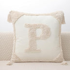 Monogram Pillow Covers with Tassels 18”x18” Modern Cotton Canvas Tufted Alphabet P Throw Pillow Covers for Sofa Couch Bed 26 English Letters Decorative Pillow Case for Sofa Throw Pillows