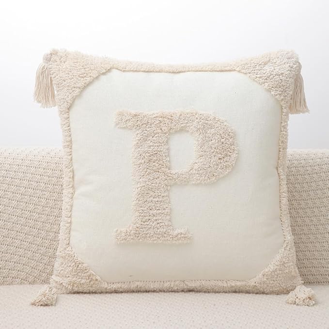 Monogram Pillow Covers with Tassels 18”x18” Modern Cotton Canvas Tufted Alphabet P Throw Pillow Covers for Sofa Couch Bed 26 English Letters Decorative Pillow Case for Sofa Throw Pillows