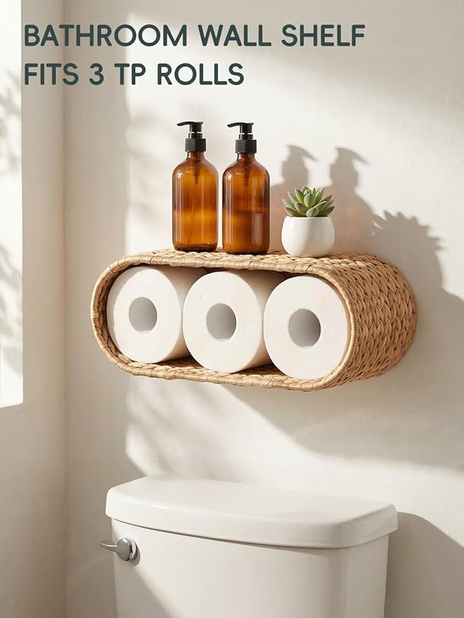 Wicker Wall Shelf,16.5'' Cute Boho Rattan Wall Mounted Shelves for Toilet Paper Storage,Plant, Book, Decorative,Natural Water Hyacinth Floating Shelves for Bathroom Decor,Nursery,Living Room