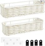 Hanging Wall Basket, Adhesive Wall-Mounted Organizer for Storage, Plastic Wicker Woven Storage Shelves for Kitchen, Bedroom, Bathroom, Livingroom, 2-Pack, Off White Color