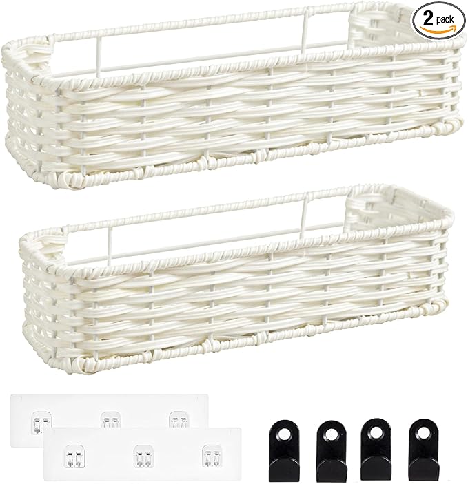 Hanging Wall Basket, Adhesive Wall-Mounted Organizer for Storage, Plastic Wicker Woven Storage Shelves for Kitchen, Bedroom, Bathroom, Livingroom, 2-Pack, Off White Color