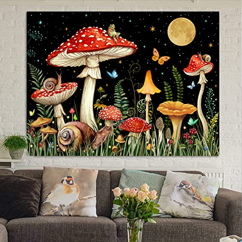 Zussun Red Mushroom Tapestry Moon Star Tapestries for Bedroom Aesthetic Starry Night Green Plant Tapastrys Wall Hanging Butterfly Snail Frog Wall Tapestry for Living Room Dorm (Black, 90" x 68") - color: Black, size: 90"L x 68"W