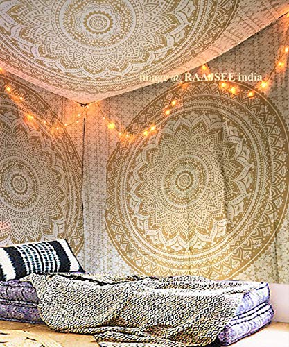 raajsee Glittering Gold Tapestry Wall Hanging Mandala- Indian Cotton Throw Hippie Tapestries - Boho Bedding White Golden Queen Bedspread 82x92 inches-Meditation Yoga Rugs Mats - color: White Gold Ombre, size: 92"L x 82"W