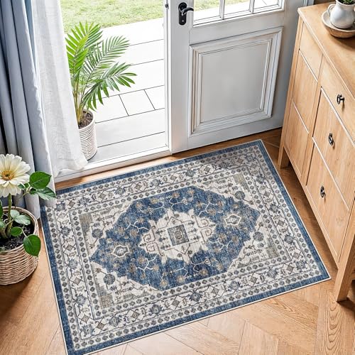 2x3 Washable Vintage Area Rug: Indoor Soft Entryway Rug with Non Slip Backing Water Resistant Carpet for Kitchen Bathroom Laundry Low Pile Door Mat Perfect for Homes with Cats & Dogs(2x3,Blue) - color: Blue, size: 2' x 3' (Rectangular)