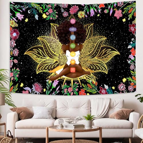 Ine Ive African Chakra Tapestry African American Woman Zen Meditation Poster Starry Sky Flower Garden Inspirational Afro Yoga Wall Art Tapestry for Bedroom Dorm Decor (90x84 inch) - size: 90"L x 84"W