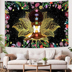 Ine Ive African Chakra Tapestry African American Woman Zen Meditation Poster Starry Sky Flower Garden Inspirational Afro Yoga Wall Art Tapestry for Bedroom Dorm Decor (90x84 inch) - size: 90"L x 84"W