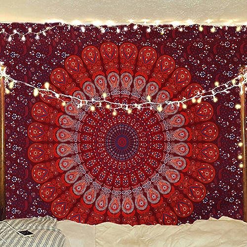 Bless International Handmade Indian hippie Bohemian Psychedelic Peacock Mandala Wall hanging College Dorm Beach Throws Table Cloth Bedding Tapestry (Blue Red, Twin(54x72Inches)(140x185cms)) - color: Blue Red, size: 72"L x 54"W