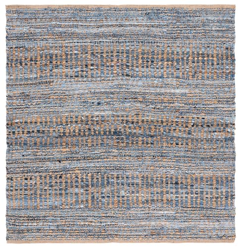 SAFAVIEH Cape Cod Collection Area Rug - 5' Square, Natural & Blue, Handmade Flat Weave Coastal Braided Jute, Ideal for High Traffic Areas in Living Room, Bedroom (CAP353A) - size: 5' x 5' (Square)