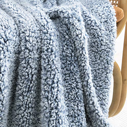 Ultra Soft Cozy Sherpa Throw Blanket, Light Weight Warm Decorative Throw Blanket with Tassel, 2 Tones Ombre Navy Blue Pattern Reversible Boho Style Blanket for Sofa, Couch, Bedroom,Travel, 50”x60” - color: Blue With Tassel, size: Throw-50'' x 60''
