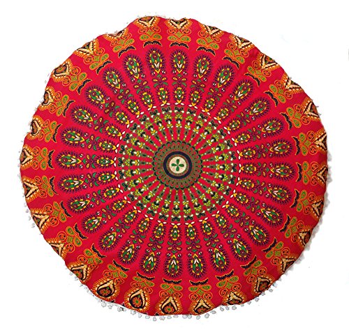 Rastogi Handicrafts 32" COR Mandala Floor Cushion Seating Throw Cover Bohemian Ottoman Poufs, Pom Cases,Boho Indian (RED) - color: Red
