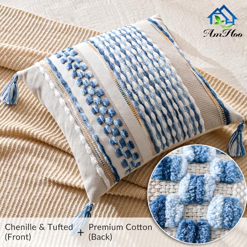 AmHoo Chenille Striped Textured Boho Throw Pillow Covers Aesthetic with Tassels Woven Decorative Pillow Case for Couch Bed Sofa Bedroom Modern Funky 18 x 18-Inch Sky Blue - color: Sky Blue, size: 18" x 18" (Pack of 1)