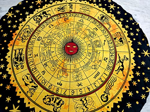 Round Beach Tapestry Mandala Boho Hippie Blanket Indian Cotton Bohemian Large Table Cloth Home Decor Yoga Mat Meditation Picnic Rug Throw Hippy Gypsy Tablecloth Roundie 42 Inches Yellow ZODIAC - color: Yellow Black, size: 42"L x 42"W