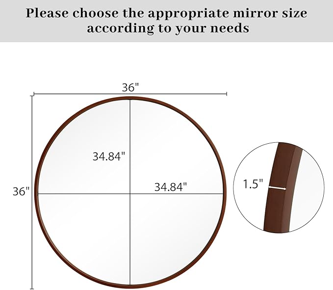 WallBeyond Round Wood Mirror, 36" Round Modern Decoration Large Circle Wall Mirror for Bathroom Living Room Bedroom Entryway, Walnut